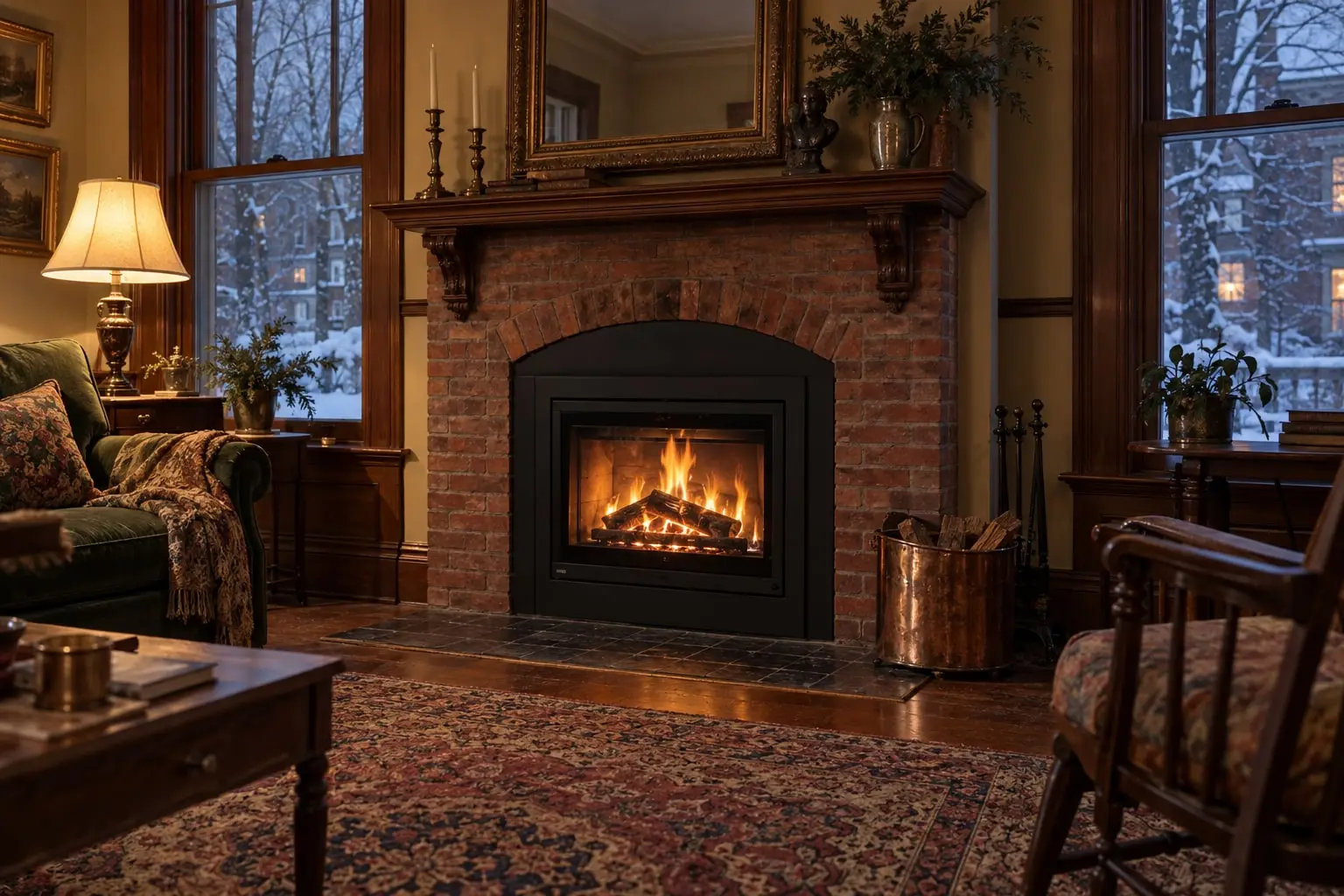 A black fireplace insert with a glass door and a wood fire, fitted into an old red brick fireplace in a parlor on a snowy evening