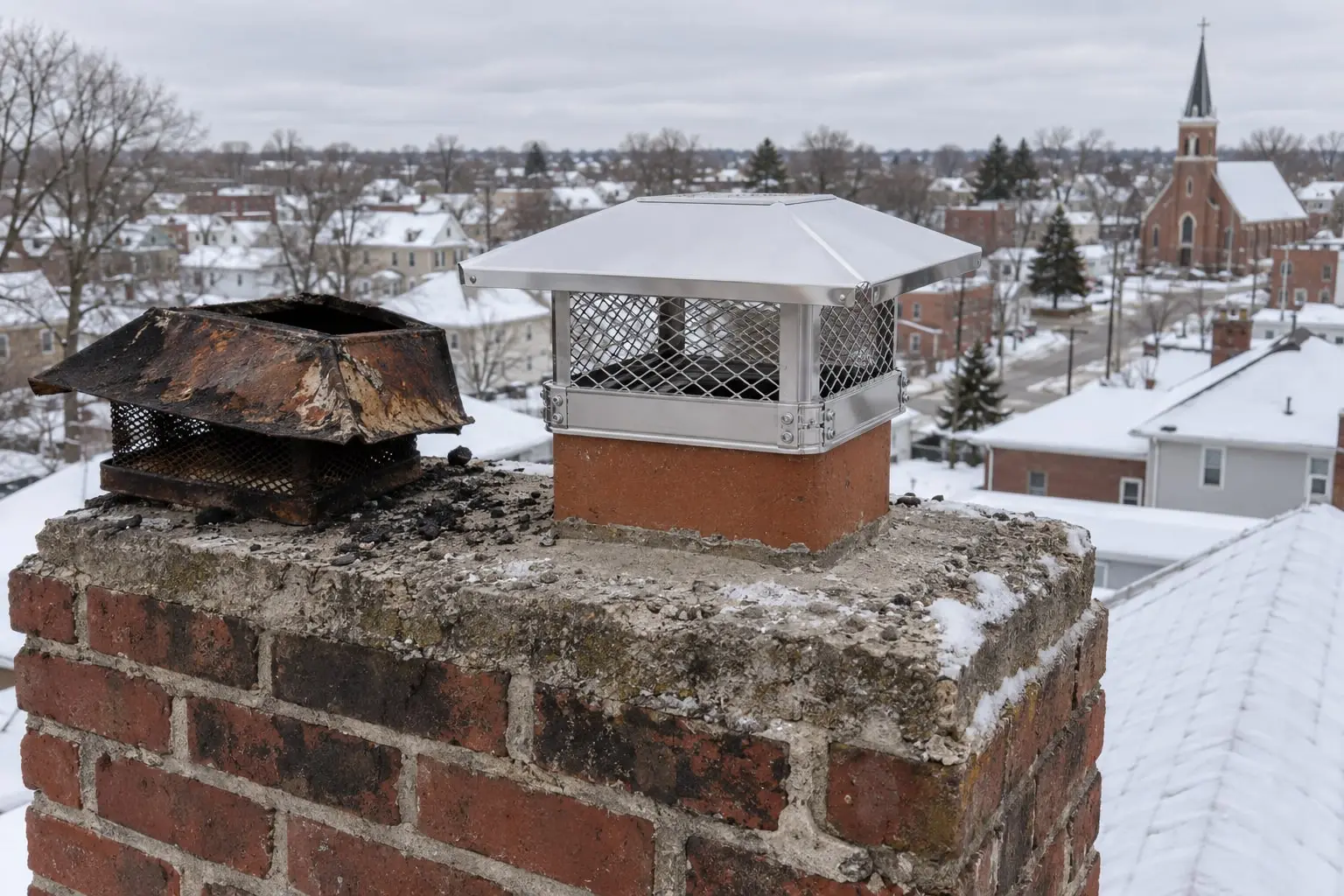 An old rusted chimney cap set aside next to a new stainless steel cap on a brick chimney in the snow