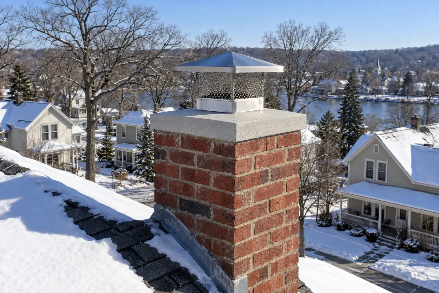 A brick chimney after a snowfall with a resurfaced concrete crown and a new stainless steel cap