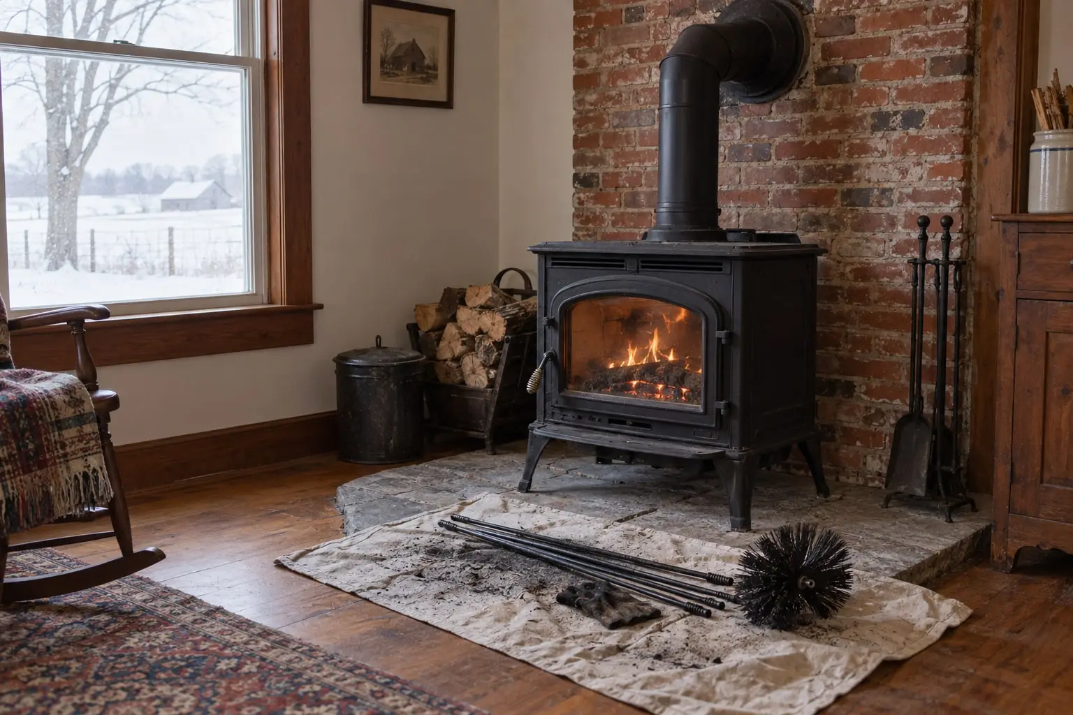 A cast iron wood stove in a farmhouse living room, a chimney brush and rods on a drop cloth by the hearth