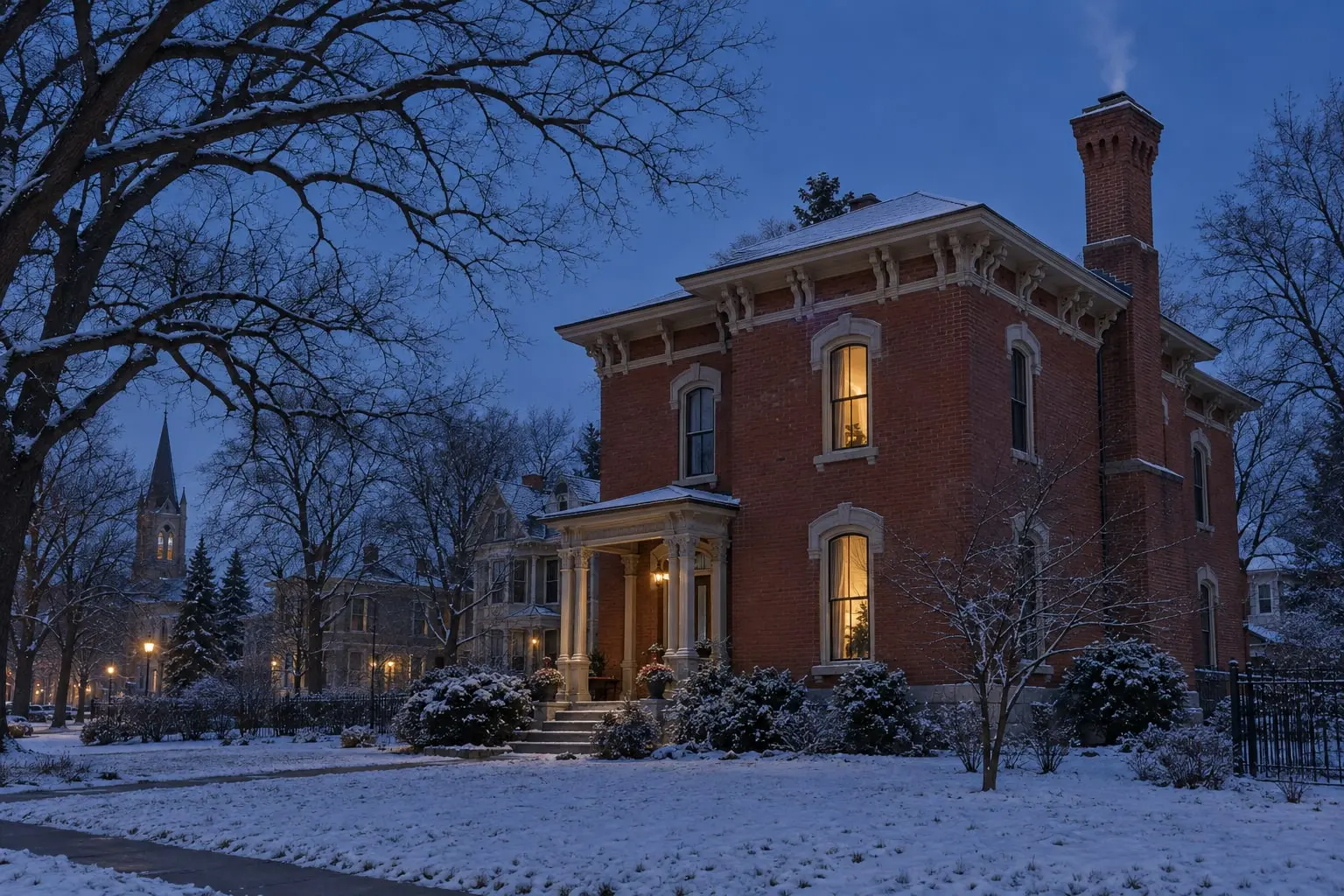 A red brick Italianate house in a historic Aurora neighborhood at dusk after a light snow, a tall brick chimney with a wisp of smoke